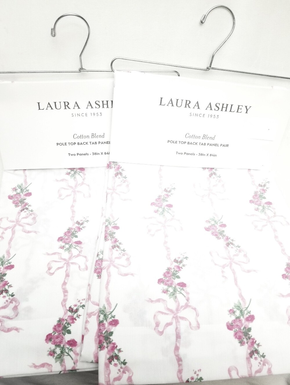 Laura Ashley Pink and White Floral Ribbon Pole Top Curtains Set Of 4